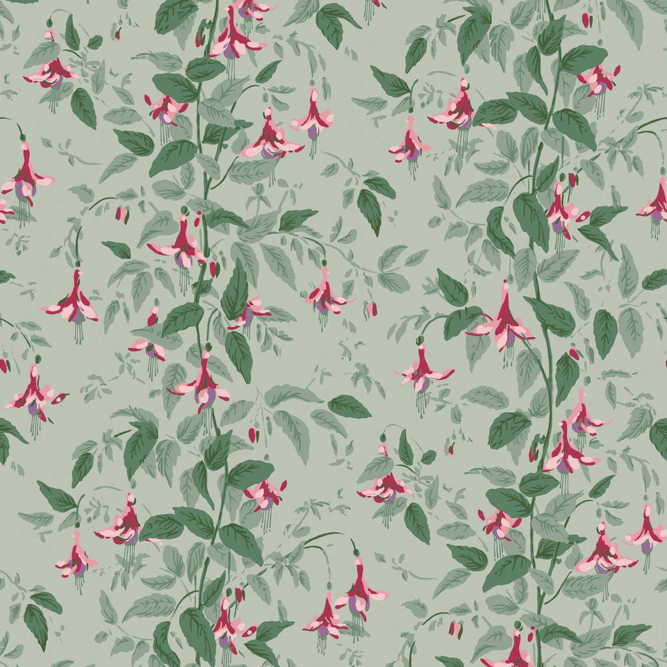 Cole & Son Fuchsia wallpaper in Dusty Rose and Pale Sage on Soft Laurel