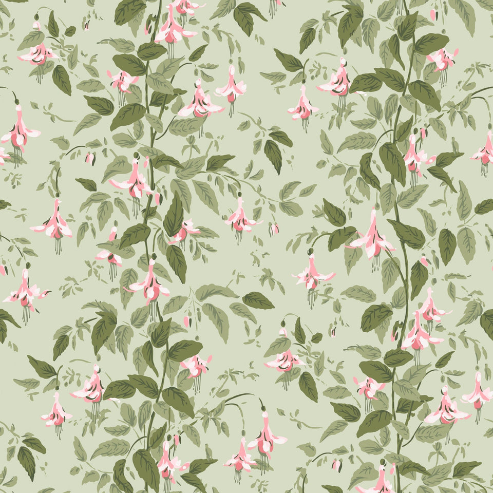 Cole & Son Fuchsia wallpaper in Powder Pink and Olive on Soft Spring Green