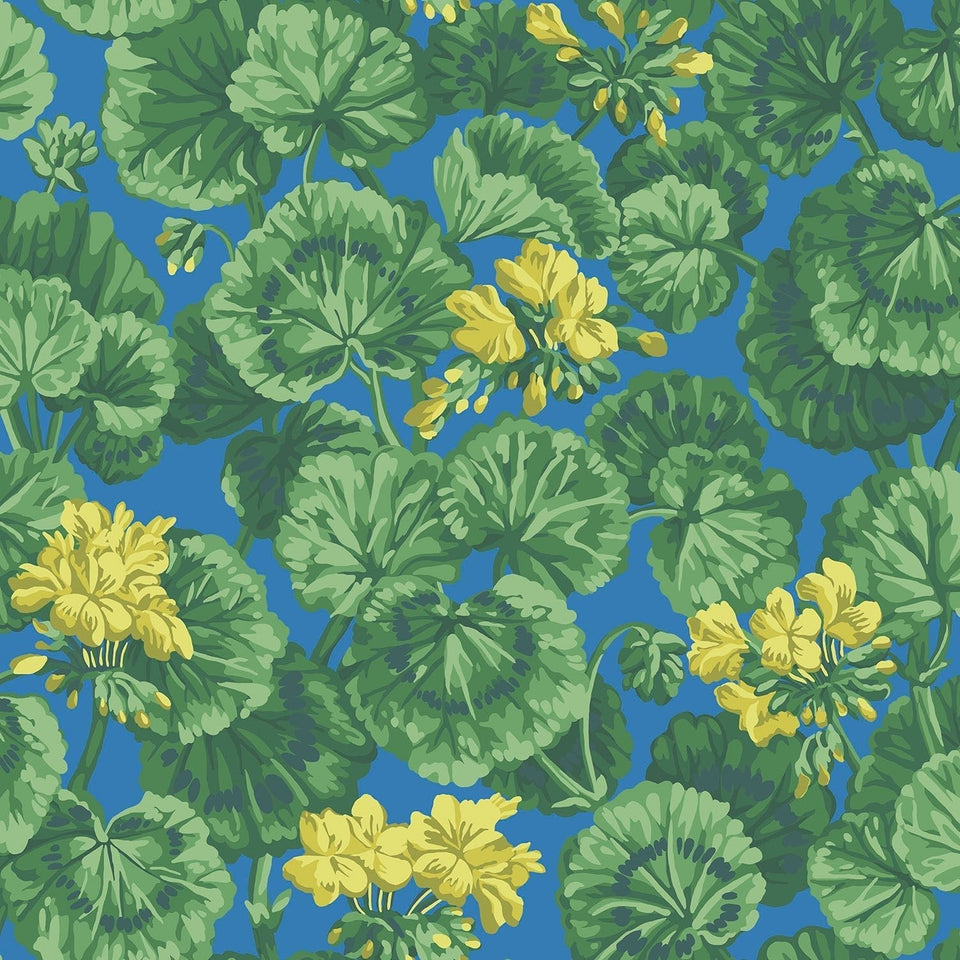 Cole & Son Geranium wallpaper in Lemon & Forest Greens on Electric Blue