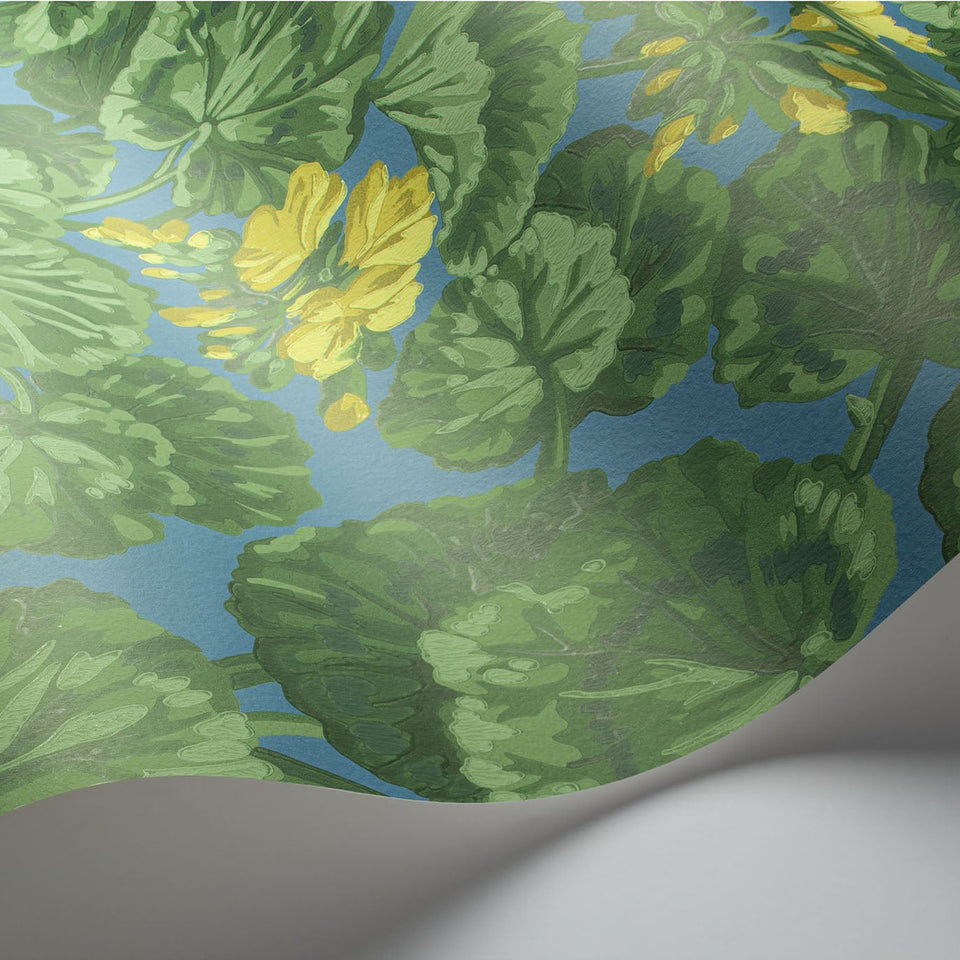 Cole & Son Geranium wallpaper in Lemon & Forest Greens on Electric Blue