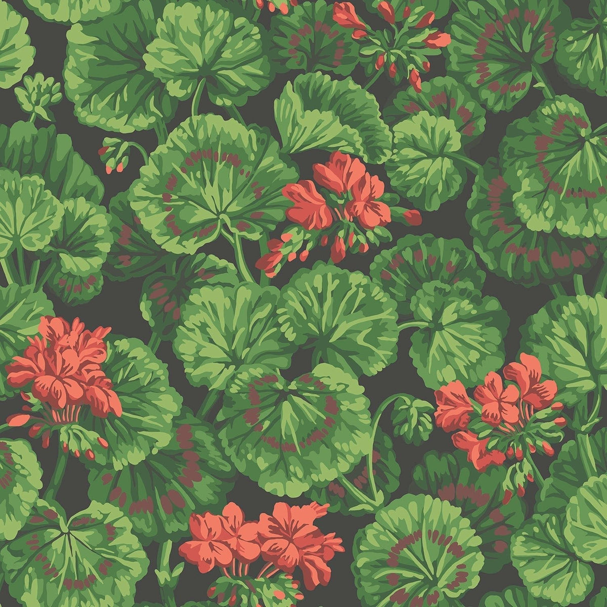 Cole & Son Geranium wallpaper in Rouge & Leaf Greens on Black