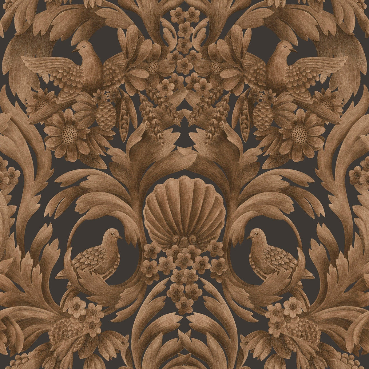 Cole & Son Gibbons Carving wallpaper in Metallic Bronze on Charcoal