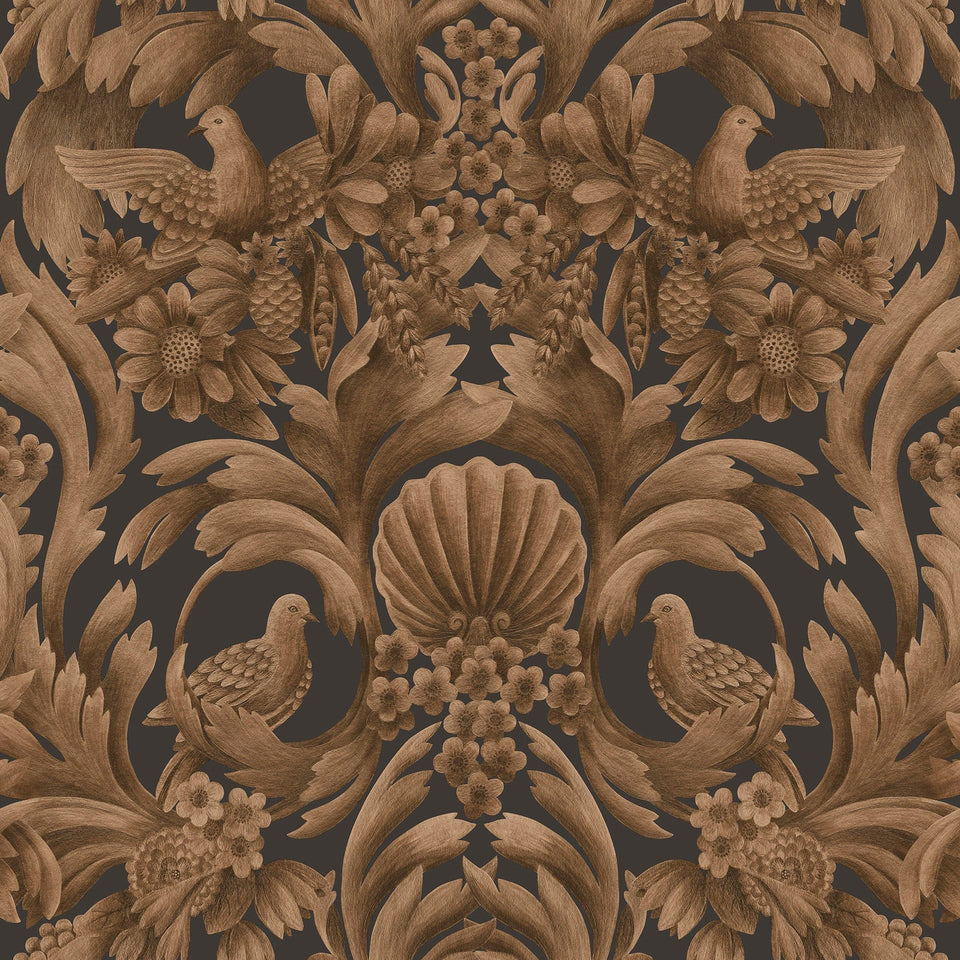 Cole & Son Gibbons Carving wallpaper in Metallic Bronze on Charcoal