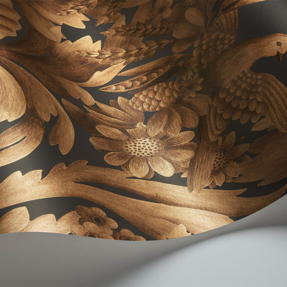 Cole & Son Gibbons Carving wallpaper in Metallic Bronze on Charcoal
