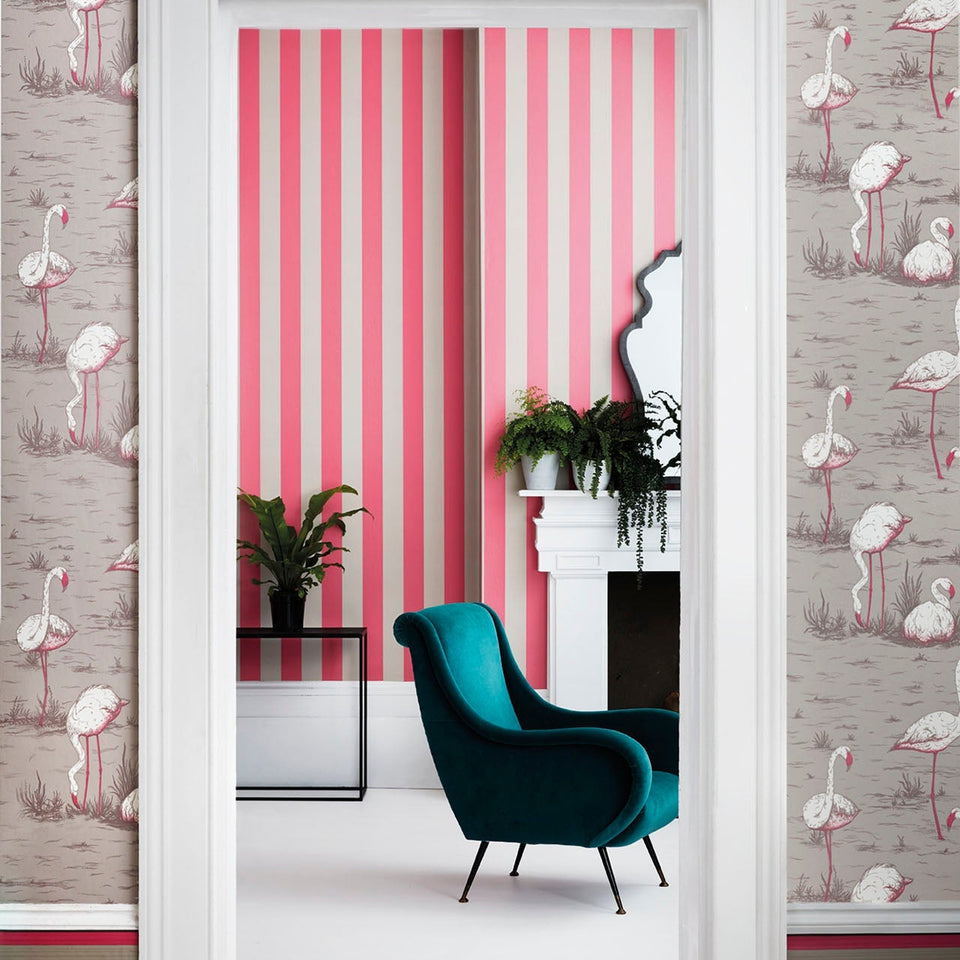 Cole & Son Glastonbury Stripe wallpaper in Fuchsia & Linen