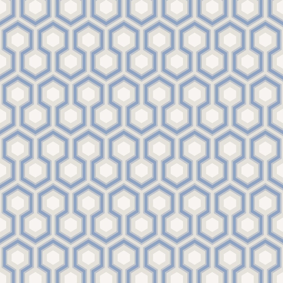 Cole & Son Hicks' Hexagon wallpaper — Hyacinth Blue & White on Cool Parchment