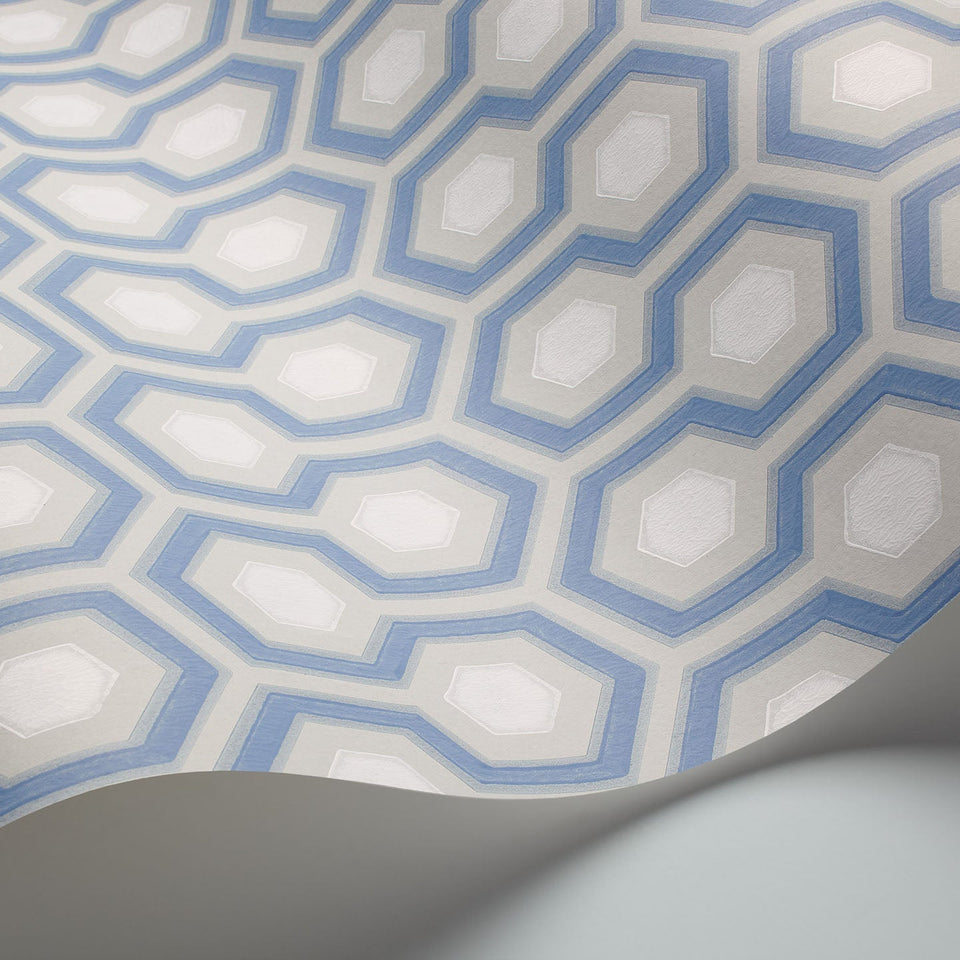 Cole & Son Hicks' Hexagon wallpaper — Hyacinth Blue & White on Cool Parchment