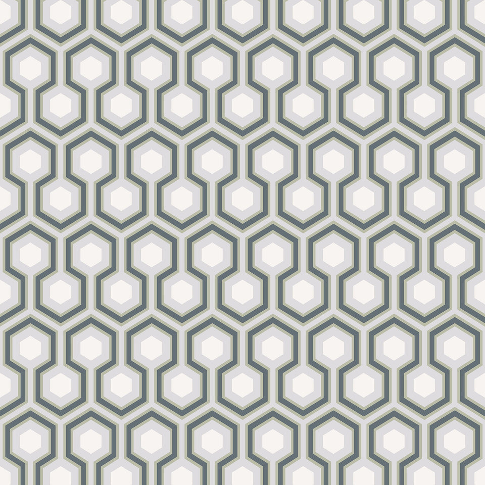 Cole & Son Hicks' Hexagon wallpaper — Ink & White on Heath Grey