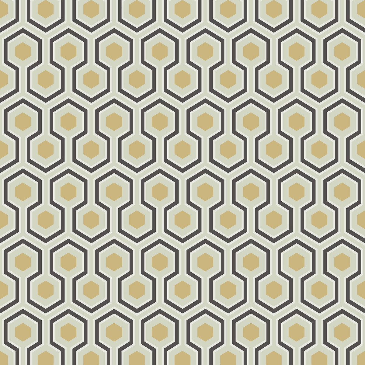 Cole & Son Hicks' Hexagon wallpaper — Black & Metallic Gold on Soft Olive