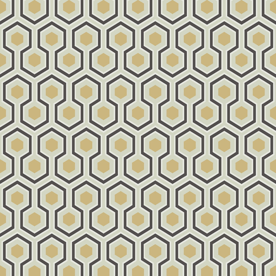 Cole & Son Hicks' Hexagon wallpaper — Black & Metallic Gold on Soft Olive