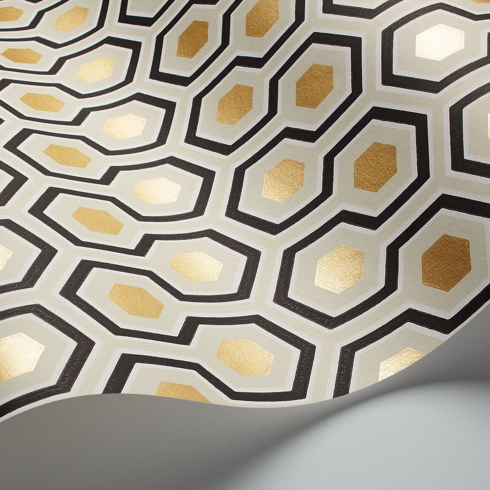 Cole & Son Hicks' Hexagon wallpaper — Black & Metallic Gold on Soft Olive