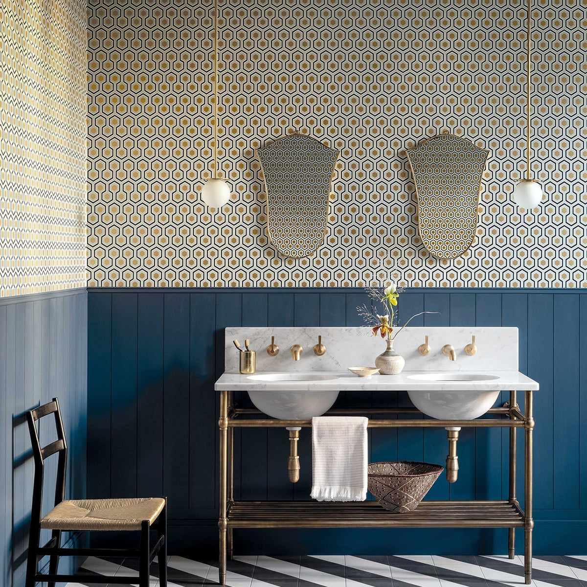Cole & Son Hicks' Hexagon wallpaper — Black & Metallic Gold on Soft Olive