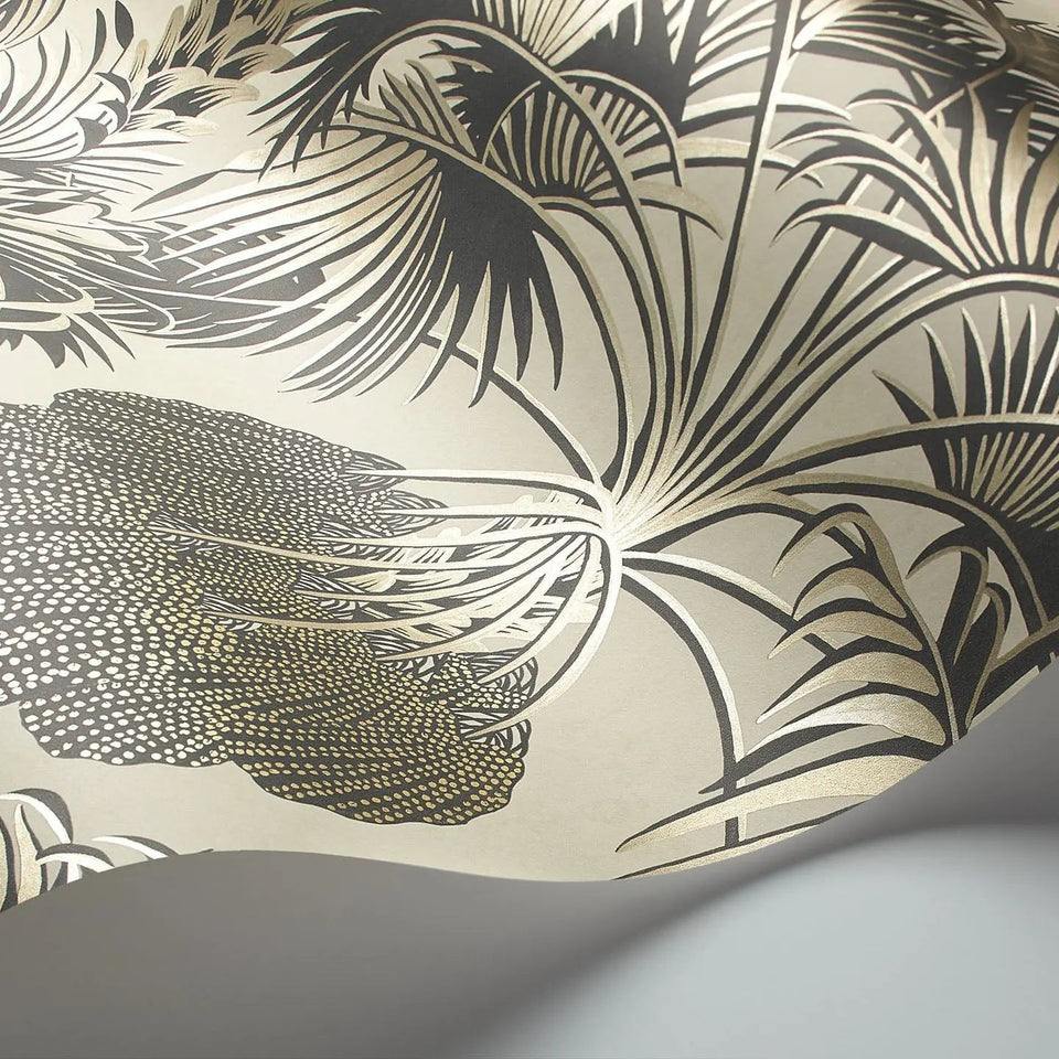 Cole & Son Hollywood Palm wallpaper — Metallic Silver & Charcoal on Parchment