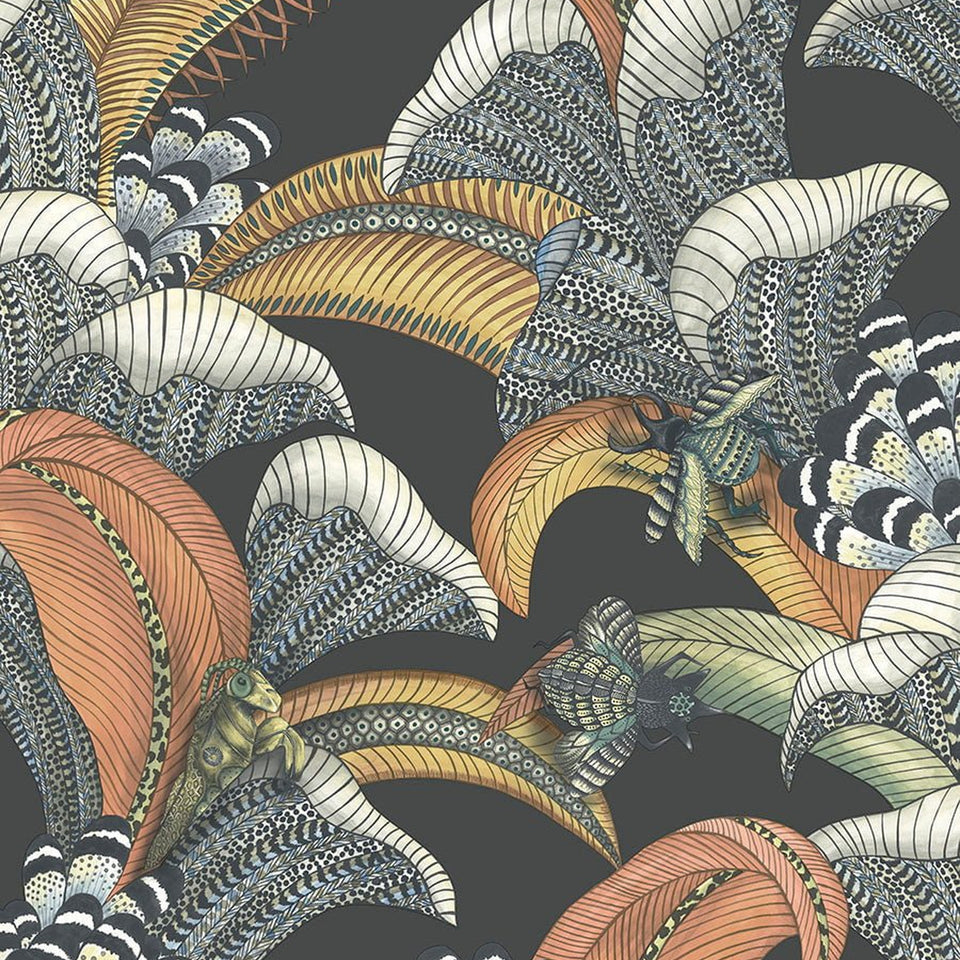 Cole & Son Hoopoe Leaves wallpaper — Terracotta, Ochre & Ice Blue on Charcoal