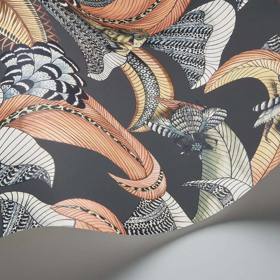 Cole & Son Hoopoe Leaves wallpaper — Terracotta, Ochre & Ice Blue on Charcoal