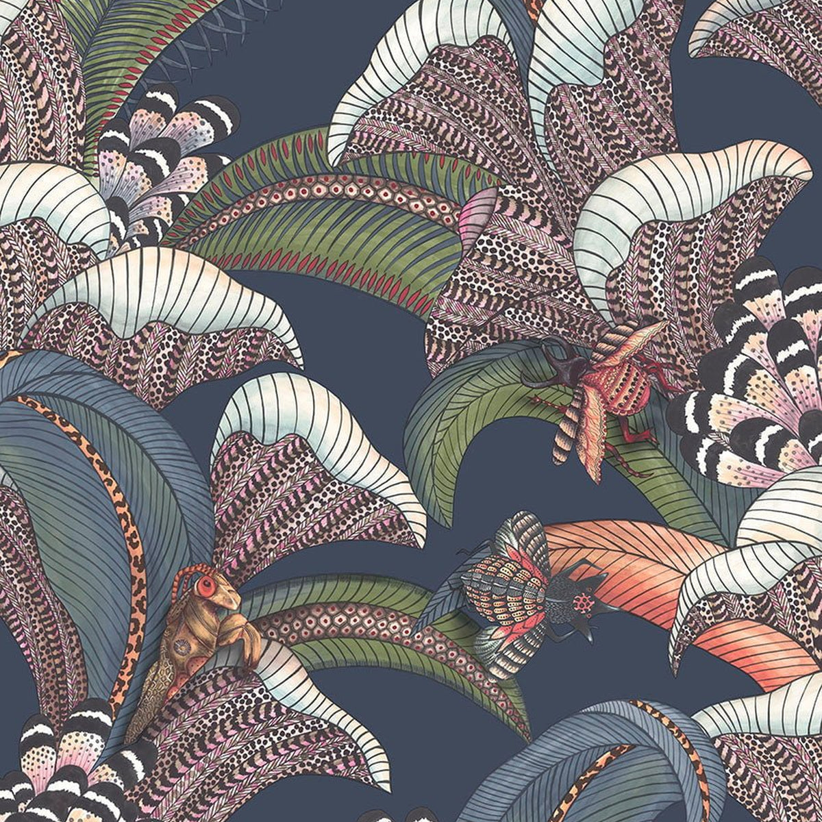 Cole & Son Hoopoe Leaves wallpaper — Denim, Forest Green & Magenta on Midnight