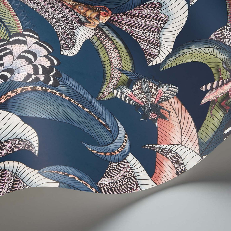 Cole & Son Hoopoe Leaves wallpaper — Denim, Forest Green & Magenta on Midnight