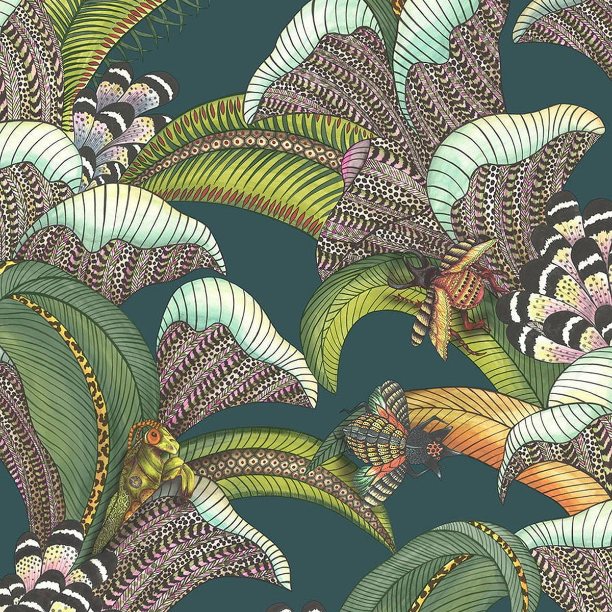 Cole & Son Hoopoe Leaves wallpaper — Forest Green, Lime & Fuchsia on Dark Viridian