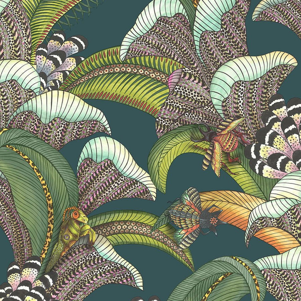 Cole & Son Hoopoe Leaves wallpaper — Forest Green, Lime & Fuchsia on Dark Viridian