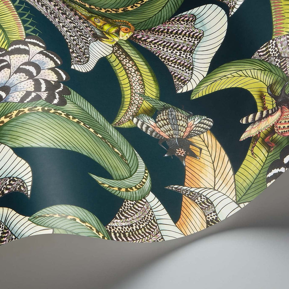 Cole & Son Hoopoe Leaves wallpaper — Forest Green, Lime & Fuchsia on Dark Viridian