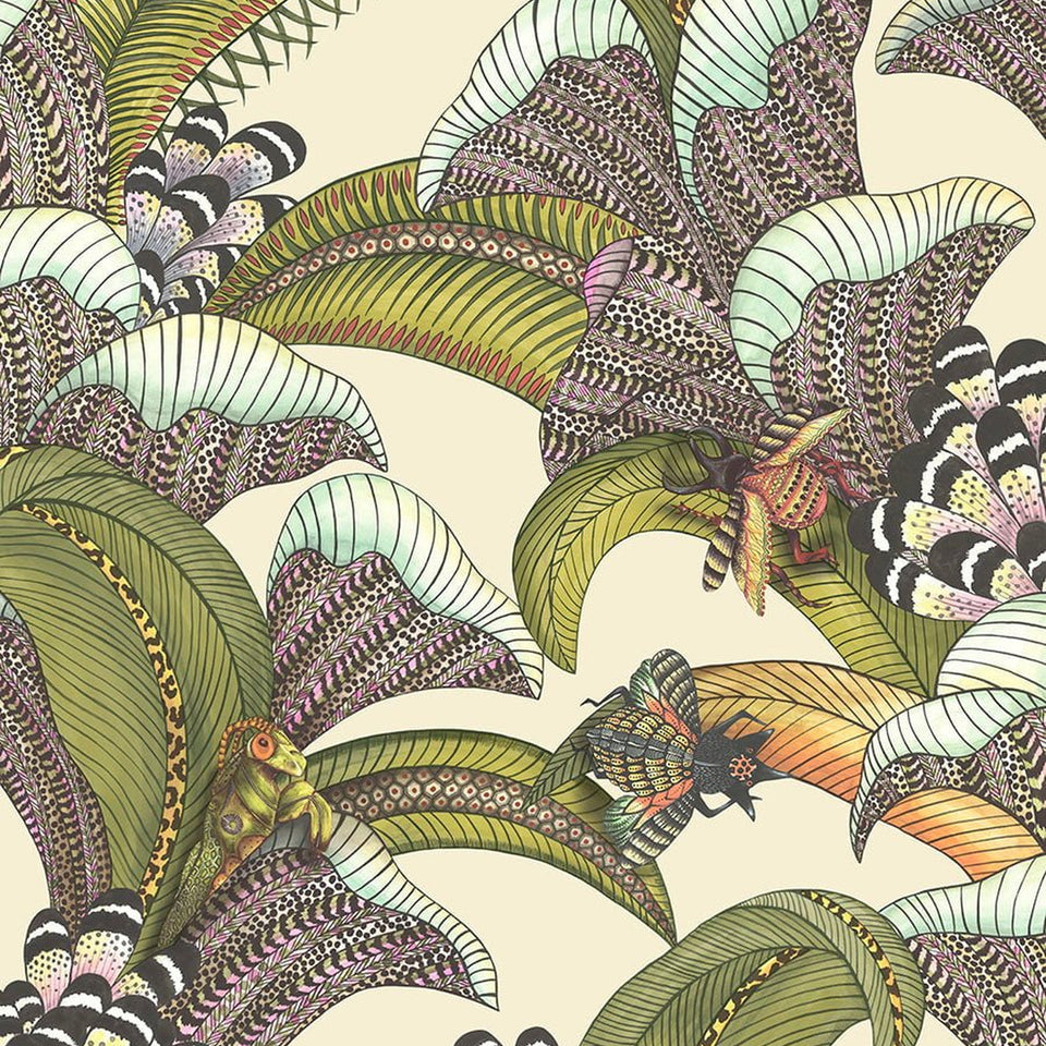 Cole & Son Hoopoe Leaves wallpaper — Olive, Chartreuse & Fuchsia on Cream