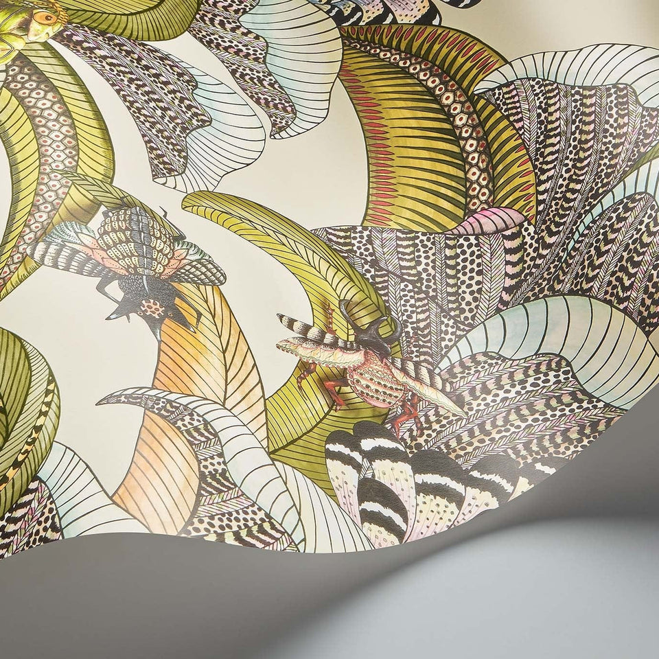 Cole & Son Hoopoe Leaves wallpaper — Olive, Chartreuse & Fuchsia on Cream