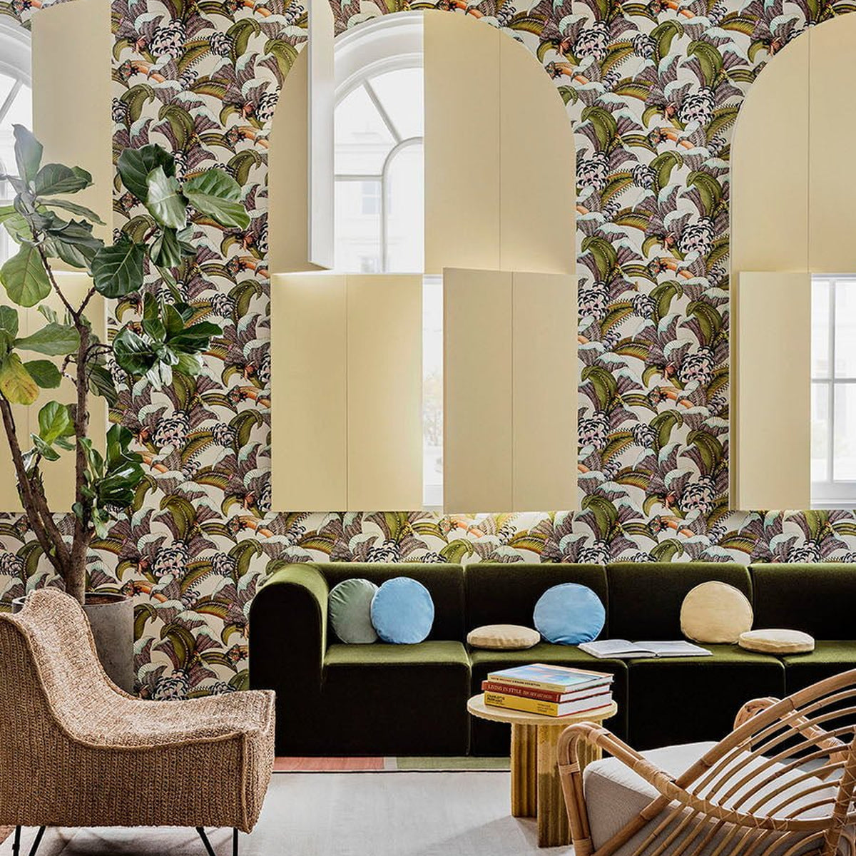 Cole & Son Hoopoe Leaves wallpaper — Olive, Chartreuse & Fuchsia on Cream