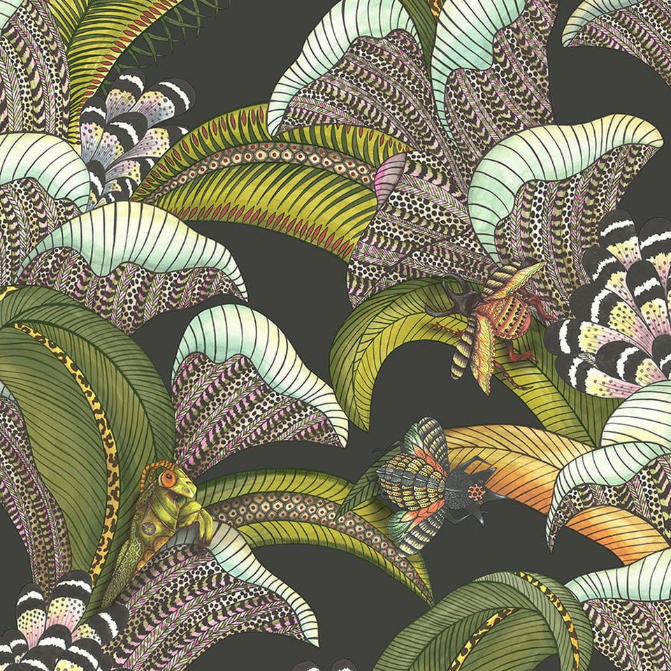 Cole & Son Hoopoe Leaves wallpaper — Olive Green, Chartreuse & Fuchsia on Black