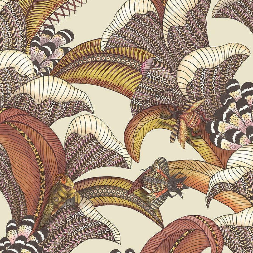 Cole & Son Hoopoe Leaves wallpaper — Crimson, Canary Yellow, Fuchsia on Stone