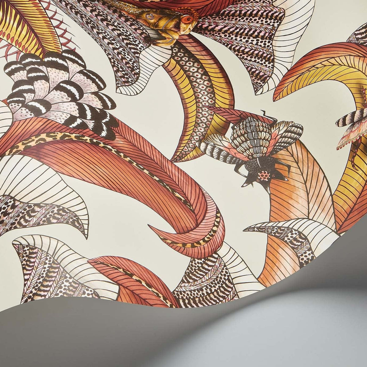 Cole & Son Hoopoe Leaves wallpaper — Crimson, Canary Yellow, Fuchsia on Stone