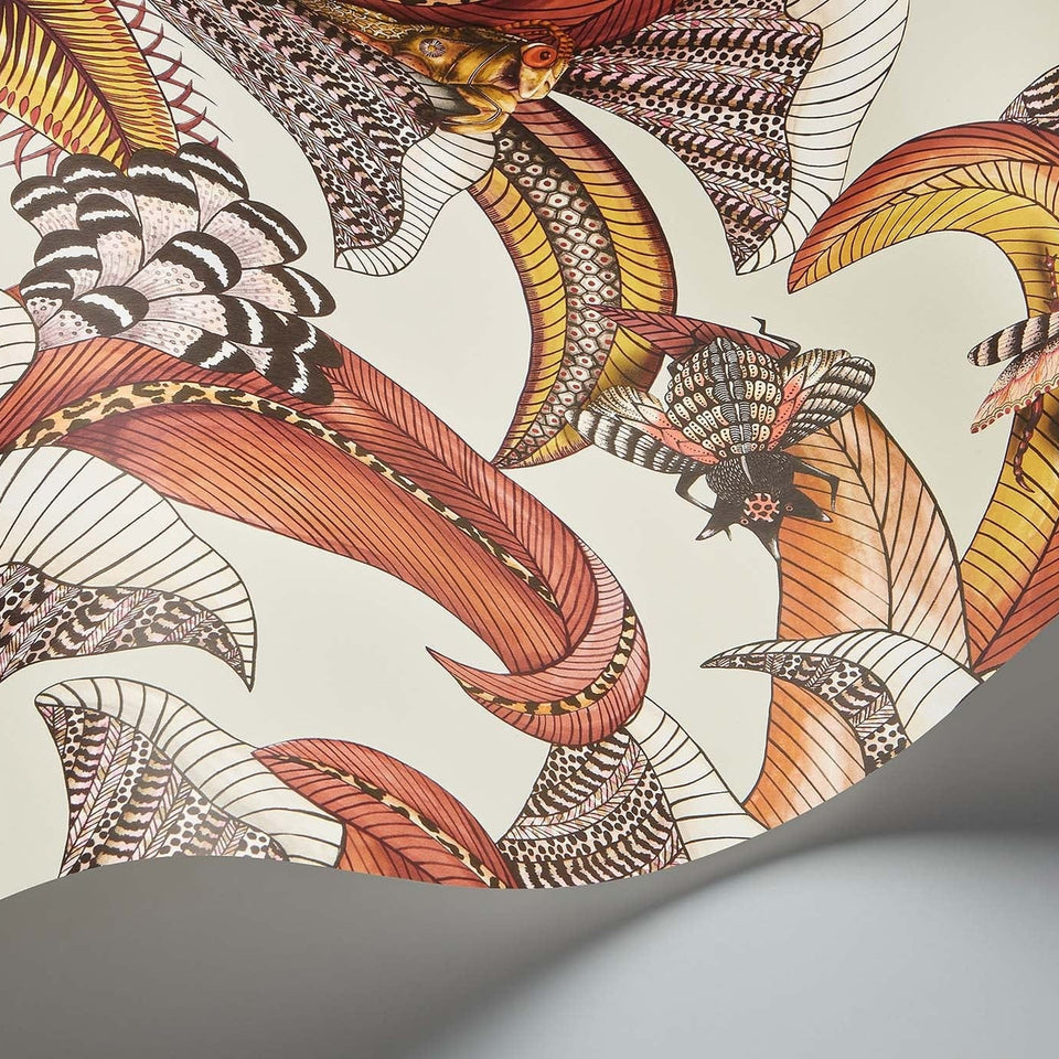 Cole & Son Hoopoe Leaves wallpaper — Crimson, Canary Yellow, Fuchsia on Stone