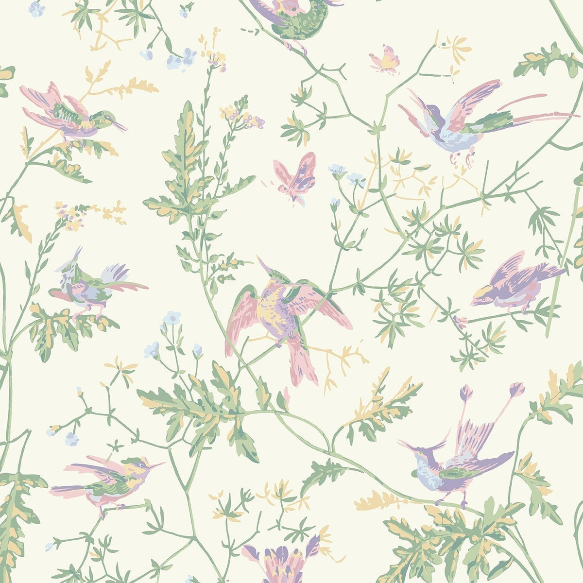 Cole & Son Hummingbirds wallpaper — Blush, Sage, & Mulberry on Cream