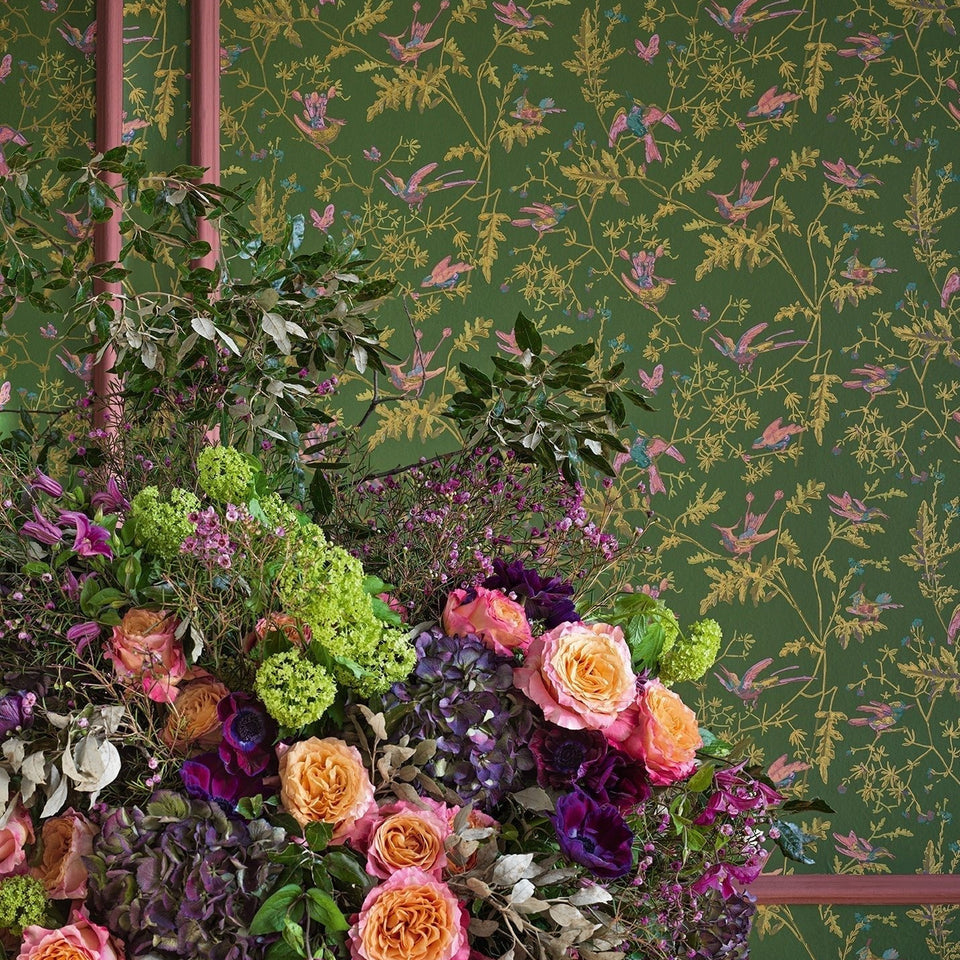 Cole & Son Hummingbirds wallpaper — Fuchsia on Racing Green
