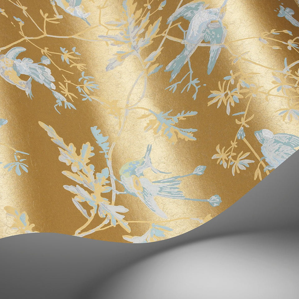 Cole & Son Hummingbirds wallpaper — Ice Blue on Metallic Gold