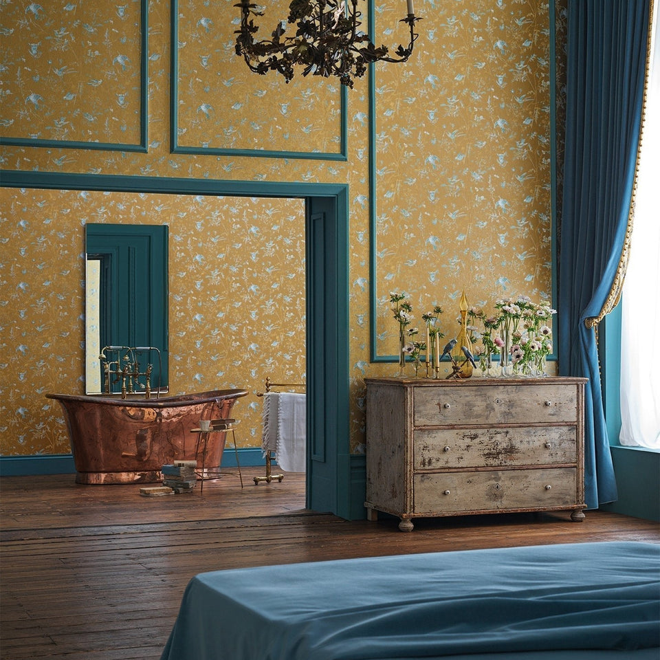 Cole & Son Hummingbirds wallpaper — Ice Blue on Metallic Gold