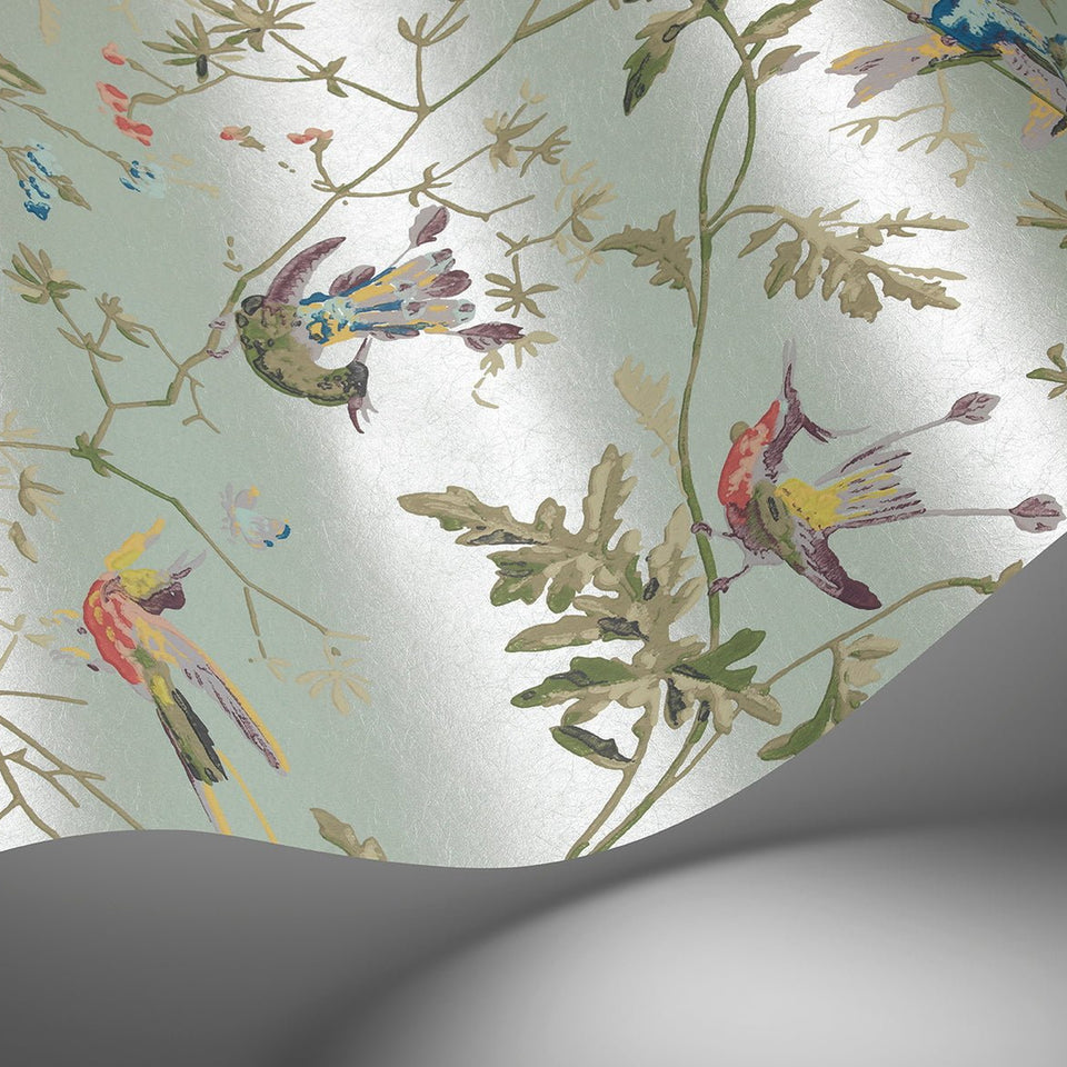 Cole & Son Hummingbirds wallpaper — Multi, Old Olive on Duck Egg Mica