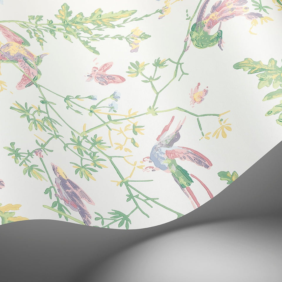 Cole & Son Hummingbirds wallpaper — Blush, Sage, & Mulberry on Cream