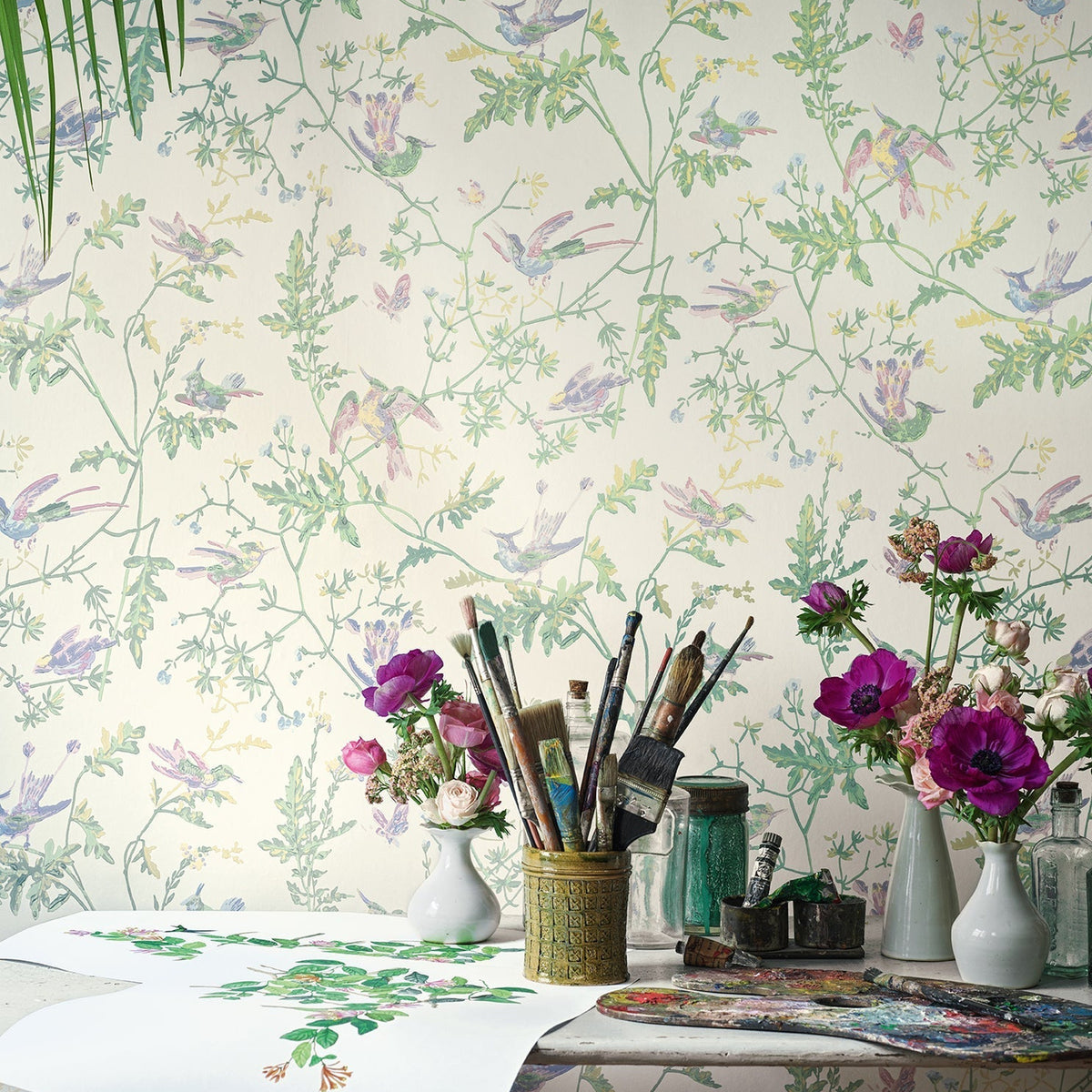 Cole & Son Hummingbirds wallpaper — Blush, Sage, & Mulberry on Cream