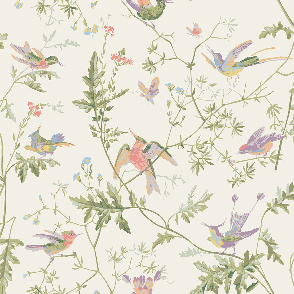 Cole & Son Hummingbirds wallpaper — Soft Multi, Olive Green on White