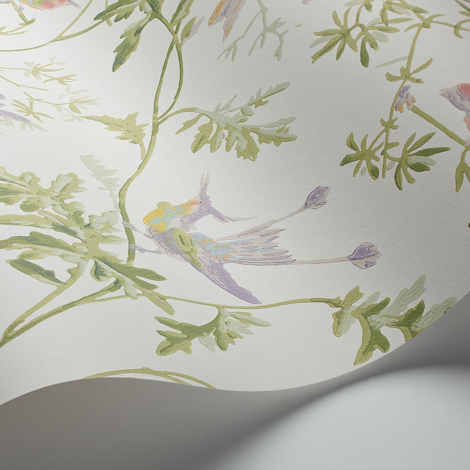 Cole & Son Hummingbirds wallpaper — Soft Multi, Olive Green on White
