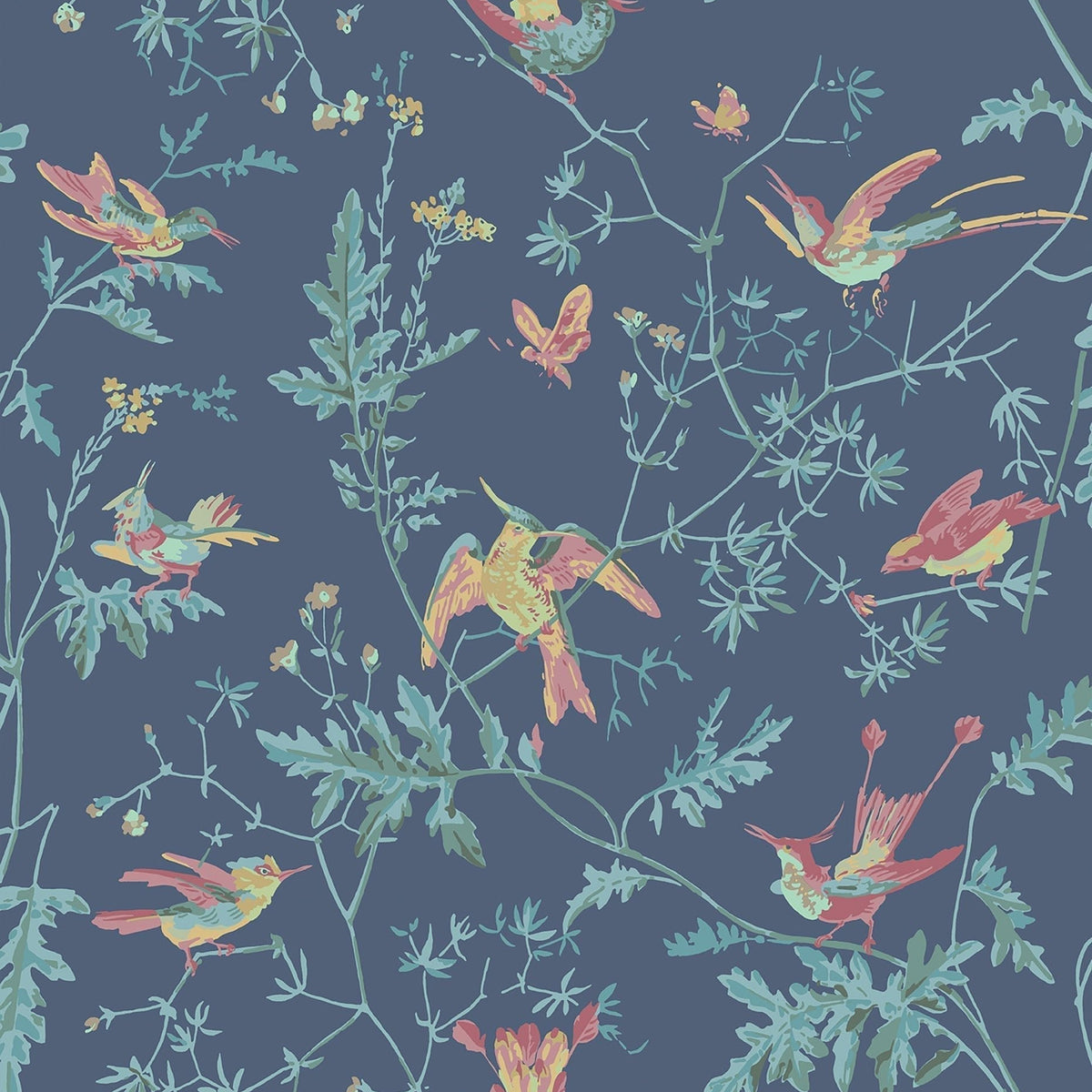 Cole & Son Hummingbirds wallpaper — Multi, Petrol on Midnight