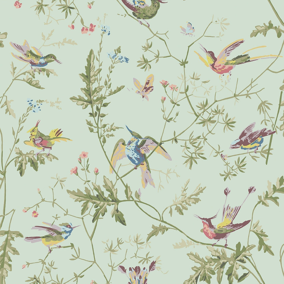 Cole & Son Hummingbirds wallpaper — Multi, Old Olive on Duck Egg