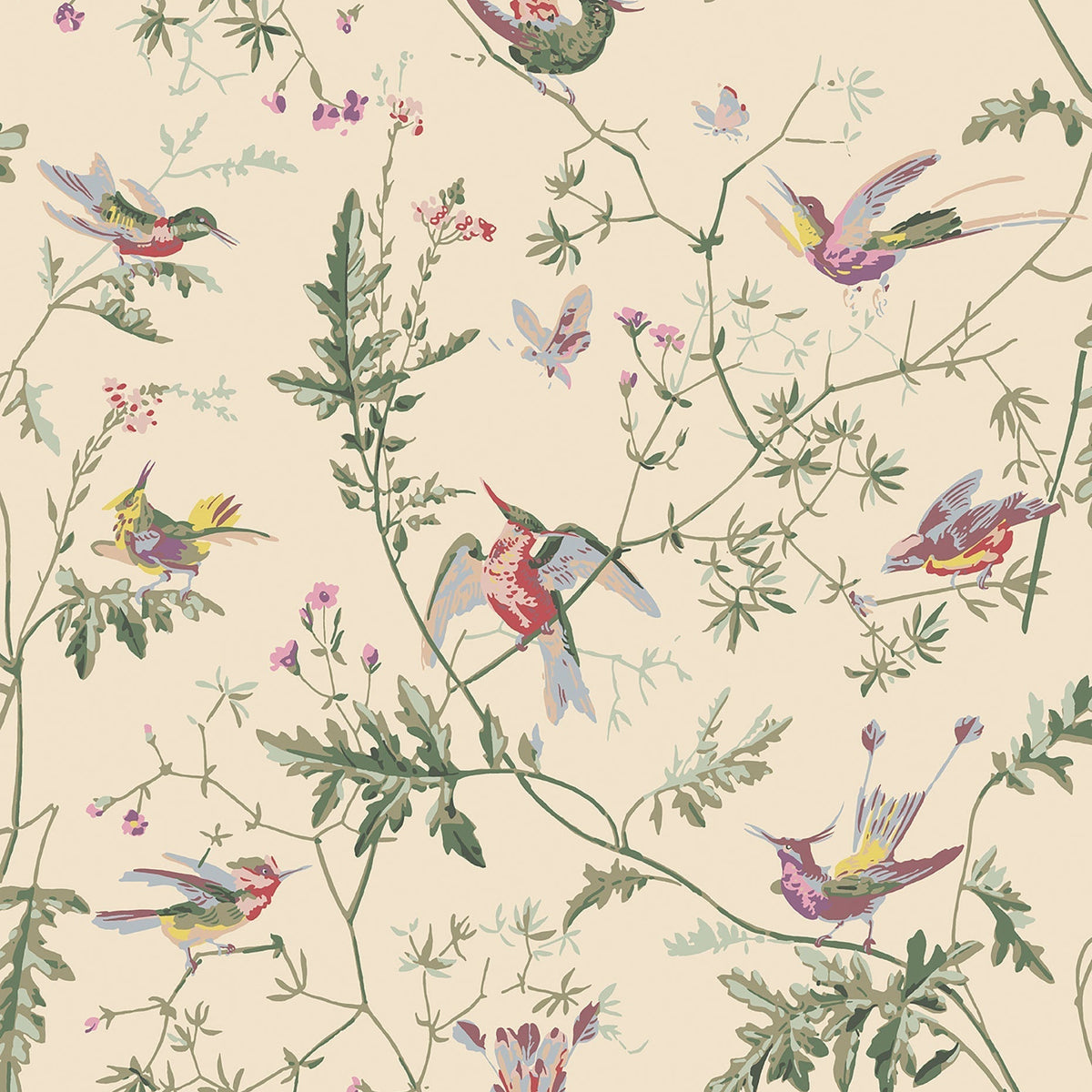 Cole & Son Hummingbirds wallpaper — Classic Multi & Old Olive on Cream