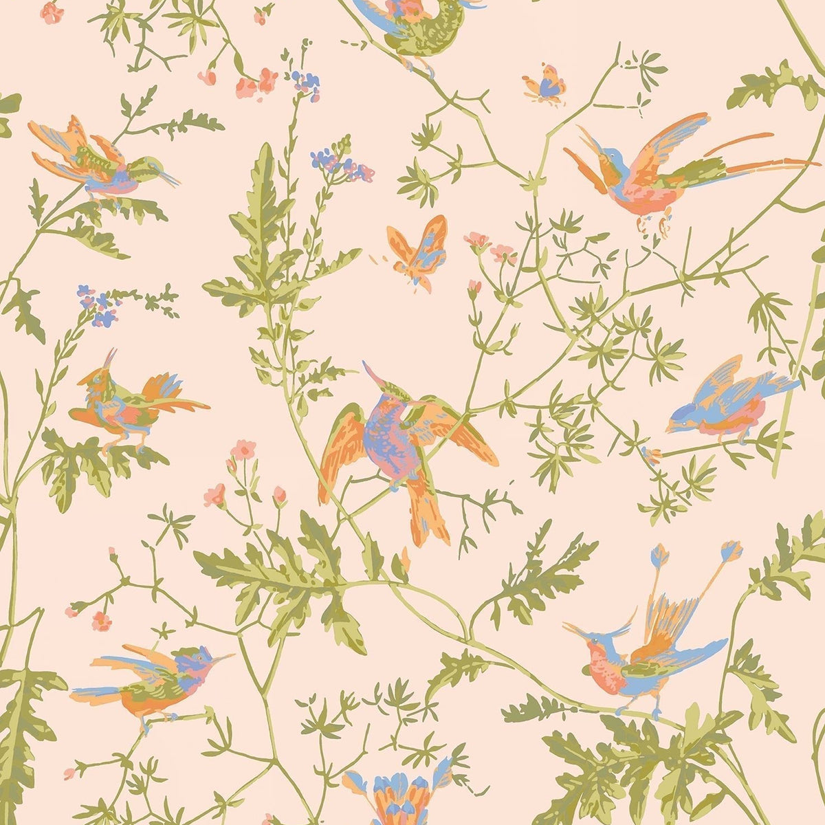 Cole & Son Hummingbirds wallpaper — Tangerine & Olive on Blush