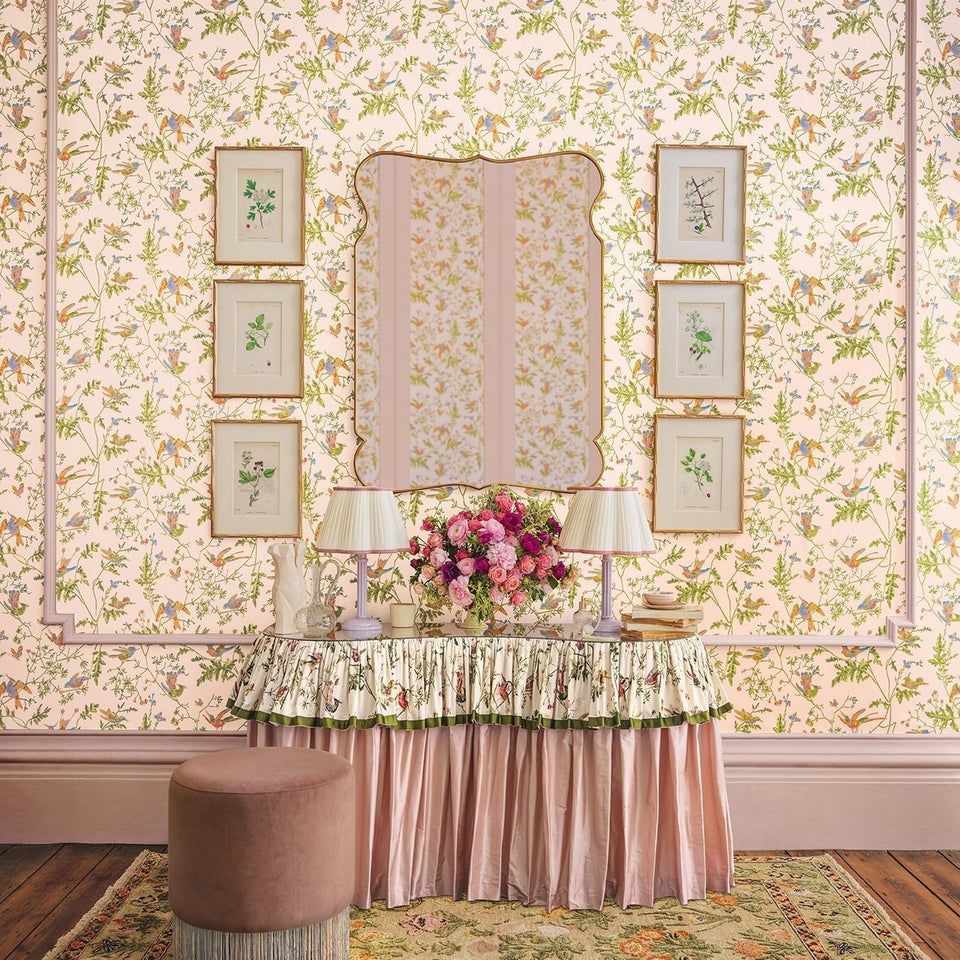 Cole & Son Hummingbirds wallpaper — Tangerine & Olive on Blush