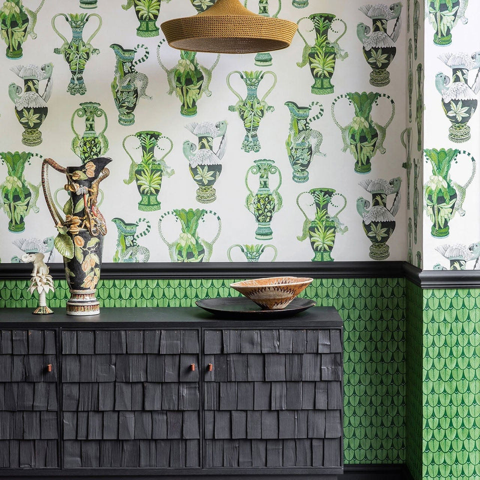 Khulu Vases wallpaper by Cole & Son — Multi Greens on Pale Cream room setting