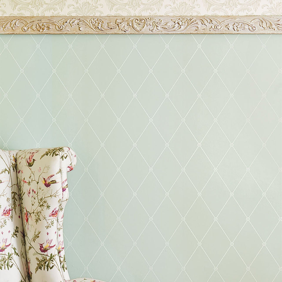 Large Georgian Rope Trellis wallpaper by Cole & Son — Duck Egg room setting