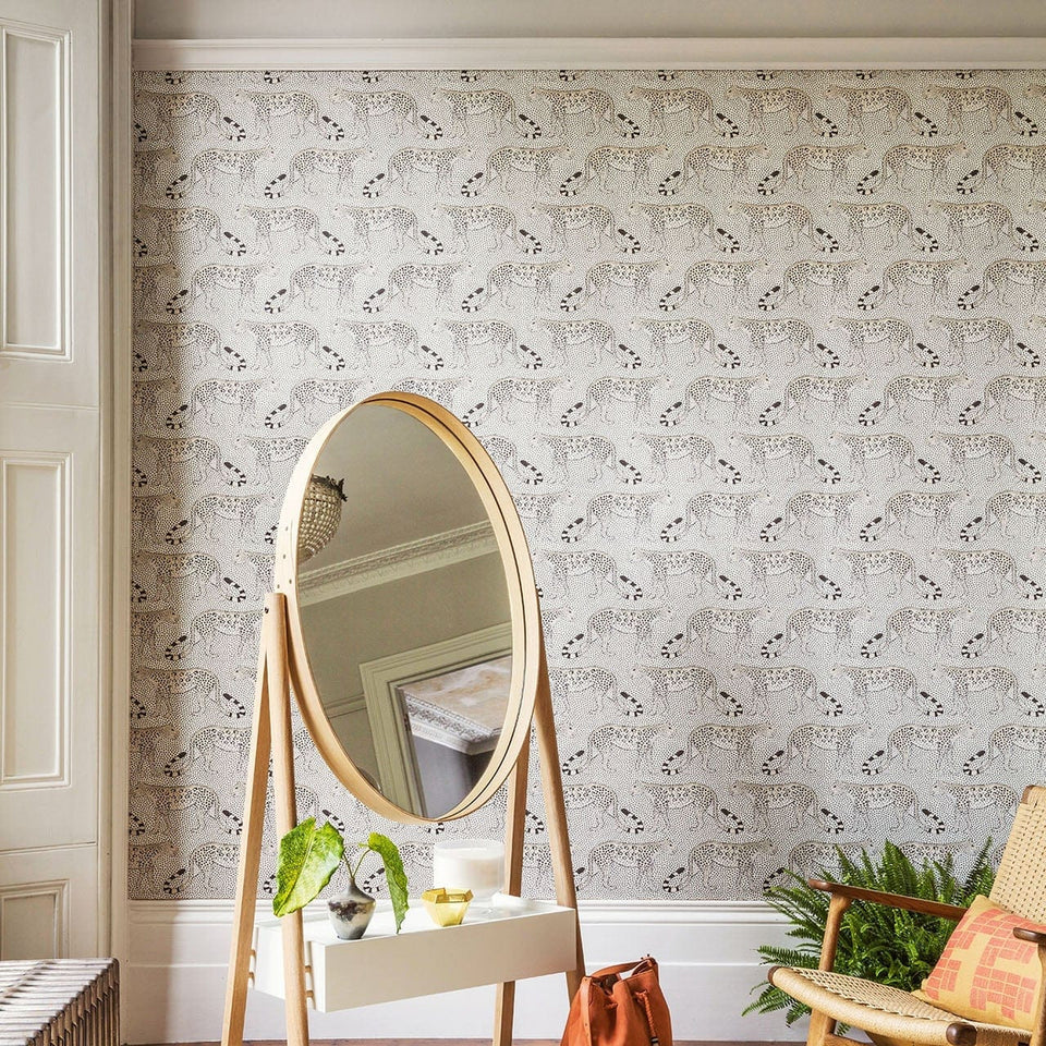 Leopard Walk wallpaper by Cole & Son — Soot on Snow room setting