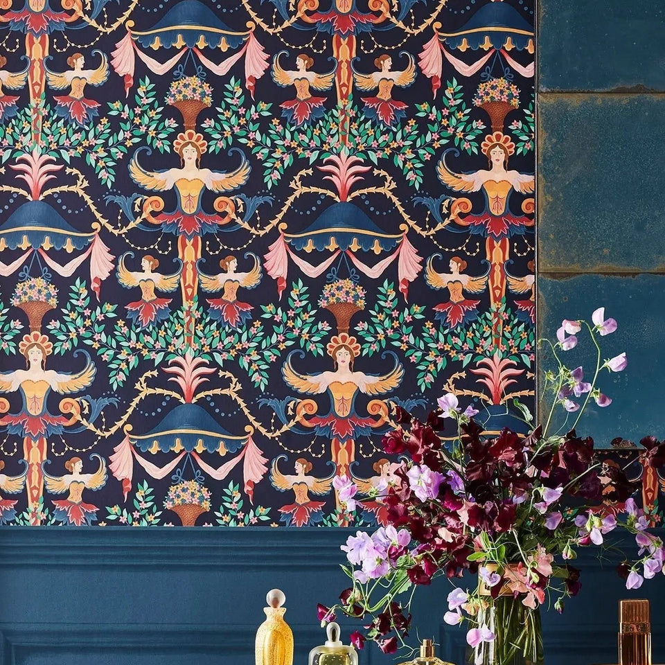 Library Frieze wallpaper by Cole & Son — Midnight room setting with coordinating wallpaper