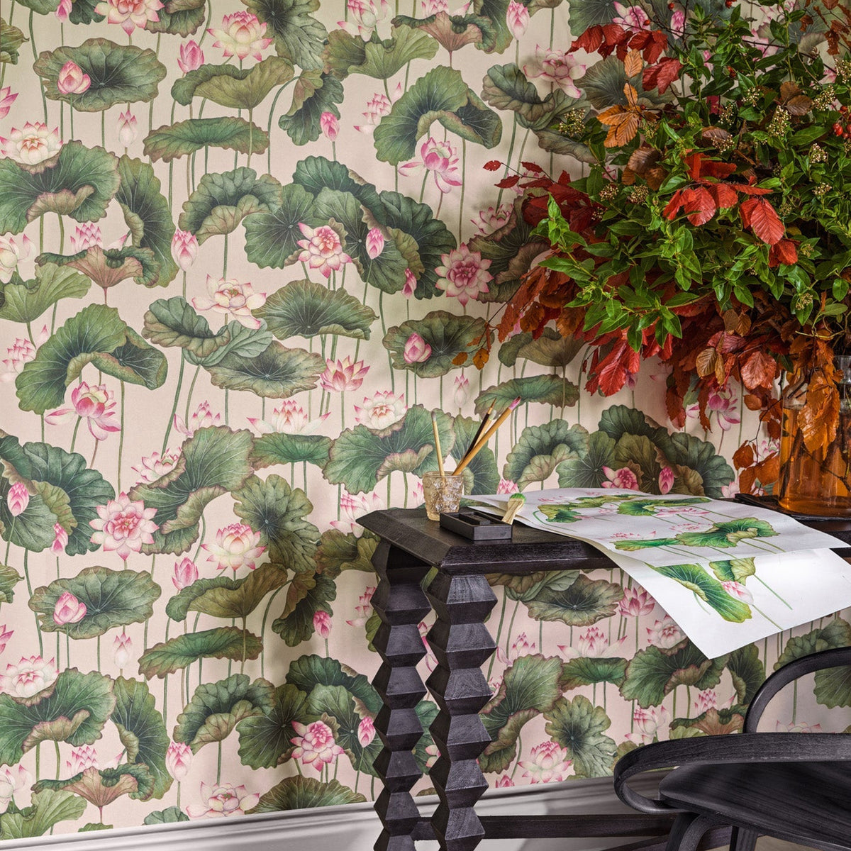 Lily Lotus wallpaper by Cole & Son — Pink & White room detail